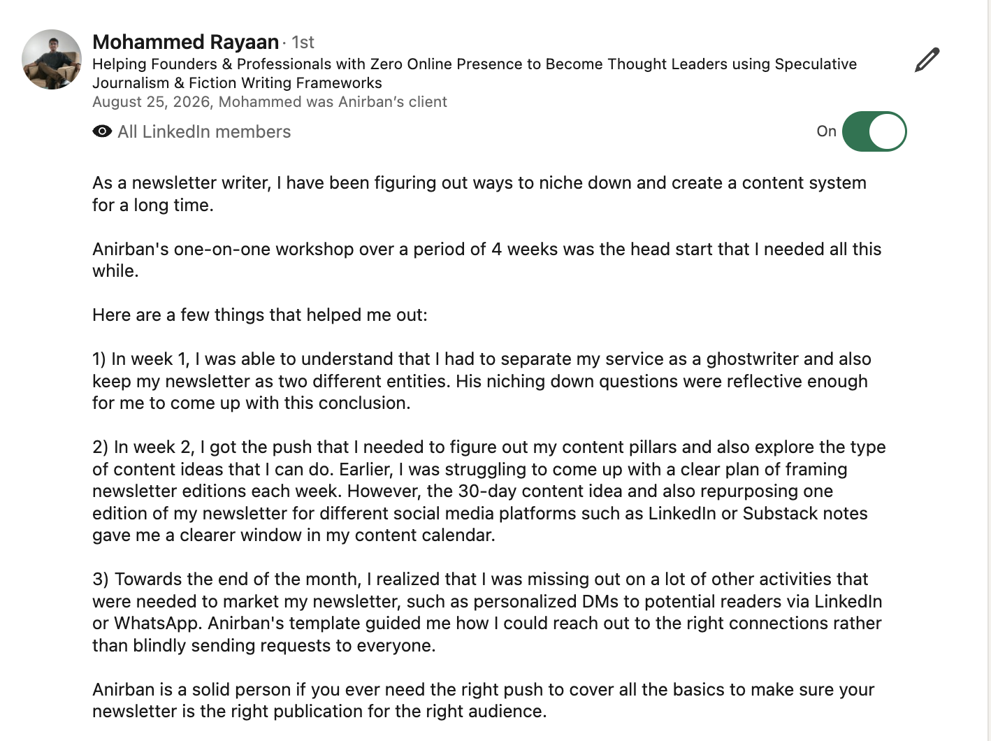 Testimonial from Mohammed Rayaan