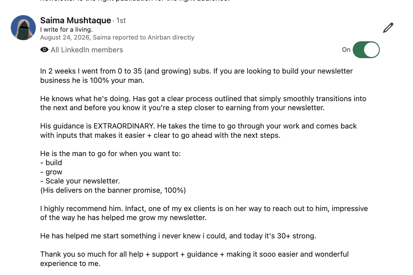 Testimonial from Saima Mushtaque